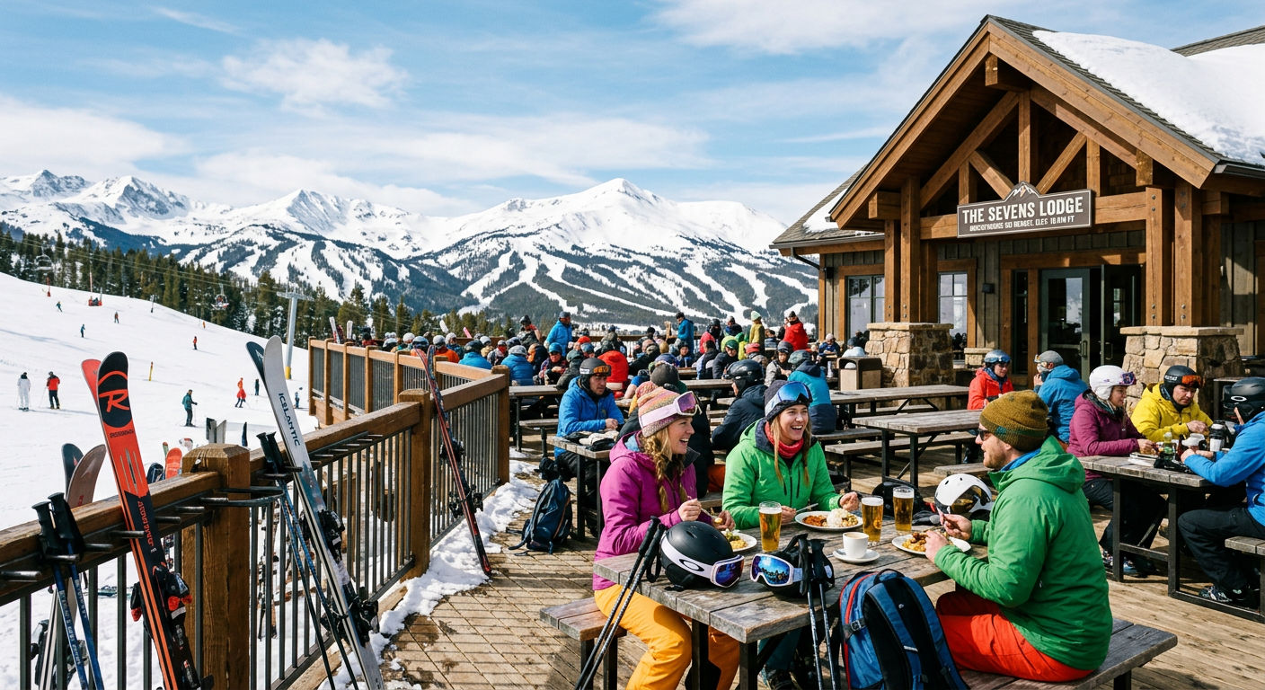 Mountain restaurant terrace at a ski resort with diners and snow-covered peaks in the background