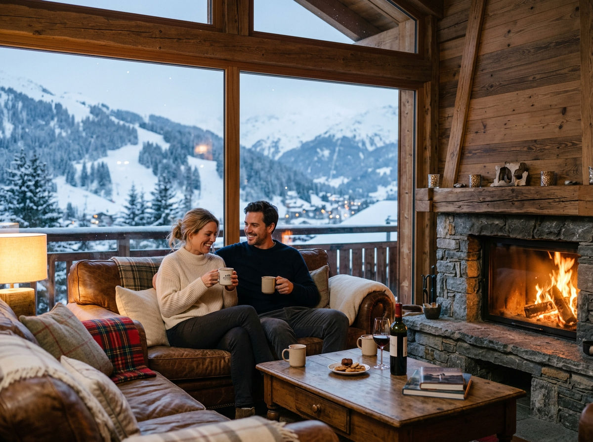 Couple in casual elegant wear relaxing by a fireplace in a luxury mountain chalet