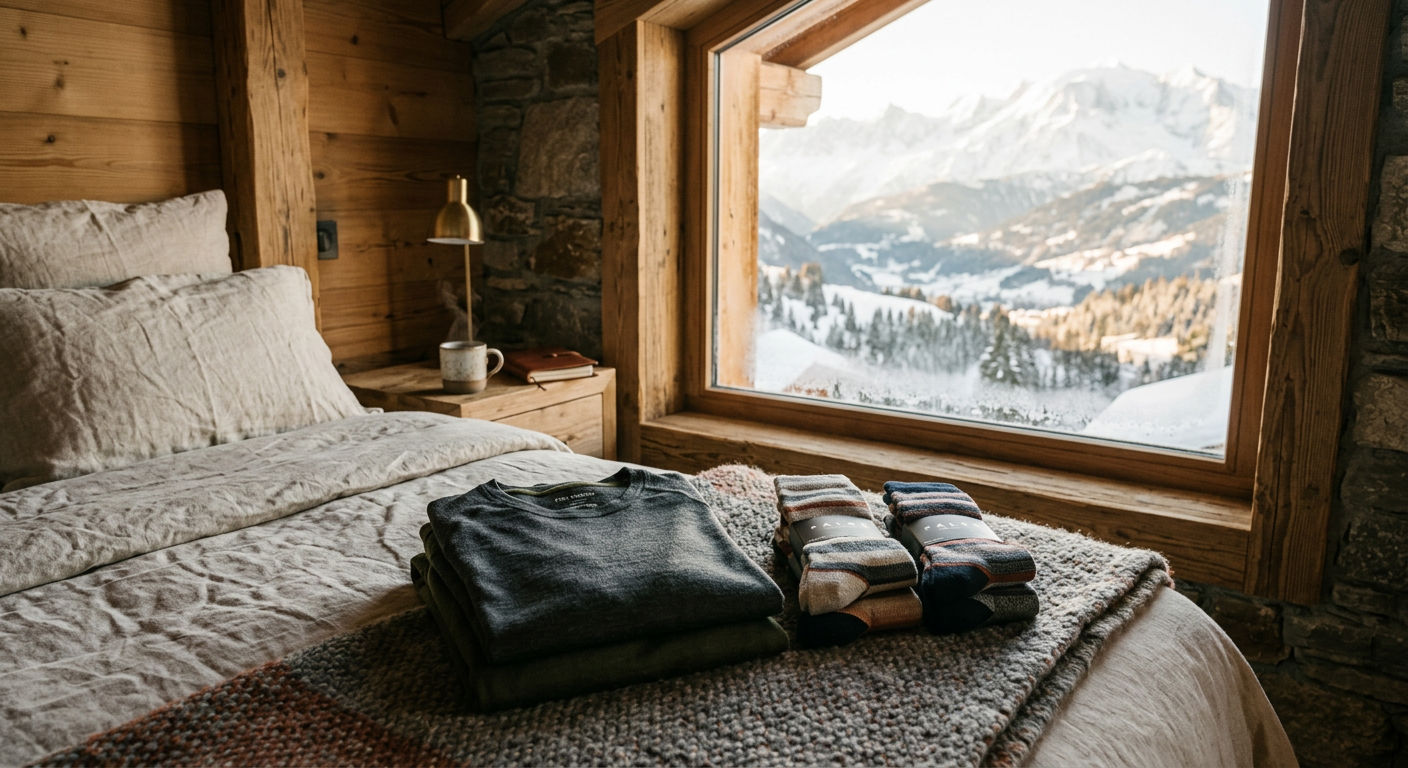 Merino wool base layers and ski socks neatly folded in a mountain chalet bedroom