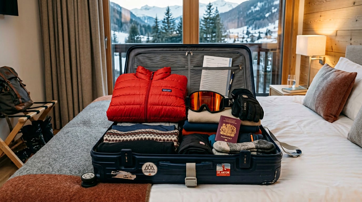 Neatly packed suitcase ready for a ski vacation with layers, goggles, and travel essentials