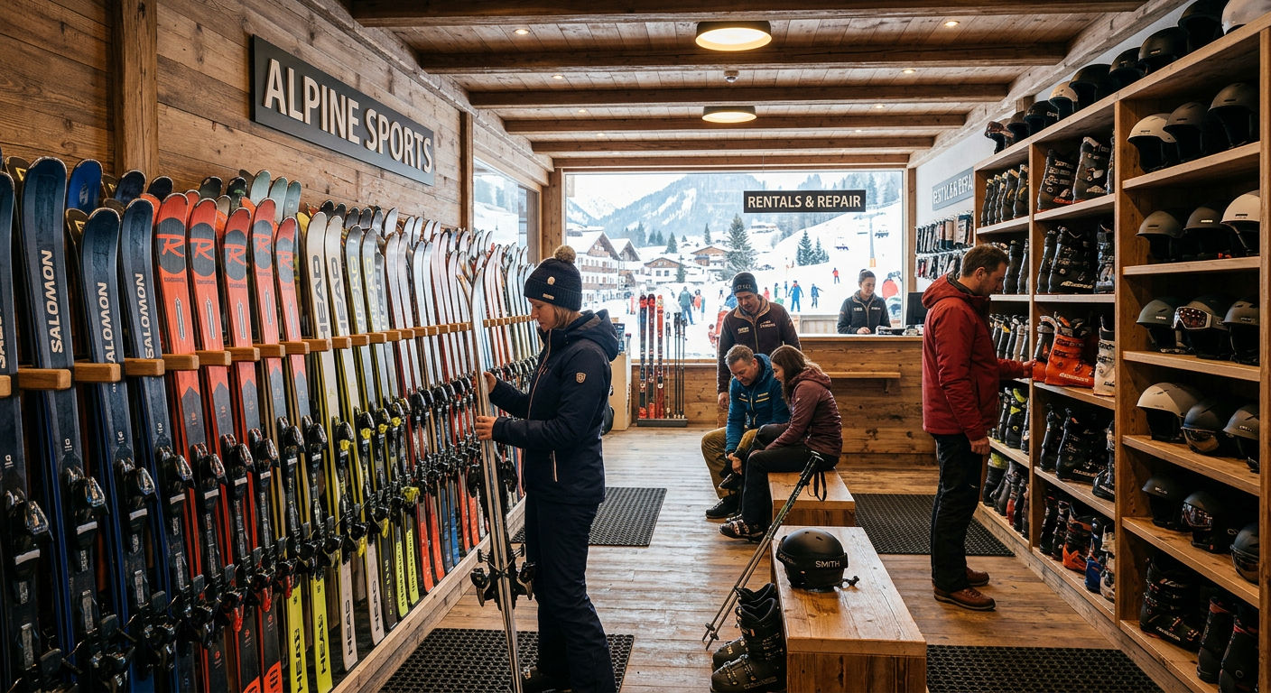Interior of a ski equipment rental shop with modern skis and boots on display
