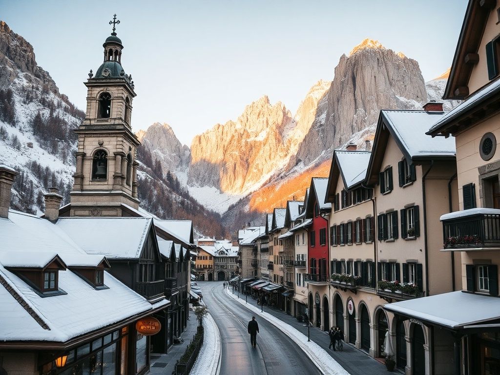 Cortina d'Ampezzo village in winter with church bell tower and dramatic Dolomite peaks behind snow-covered rooftops