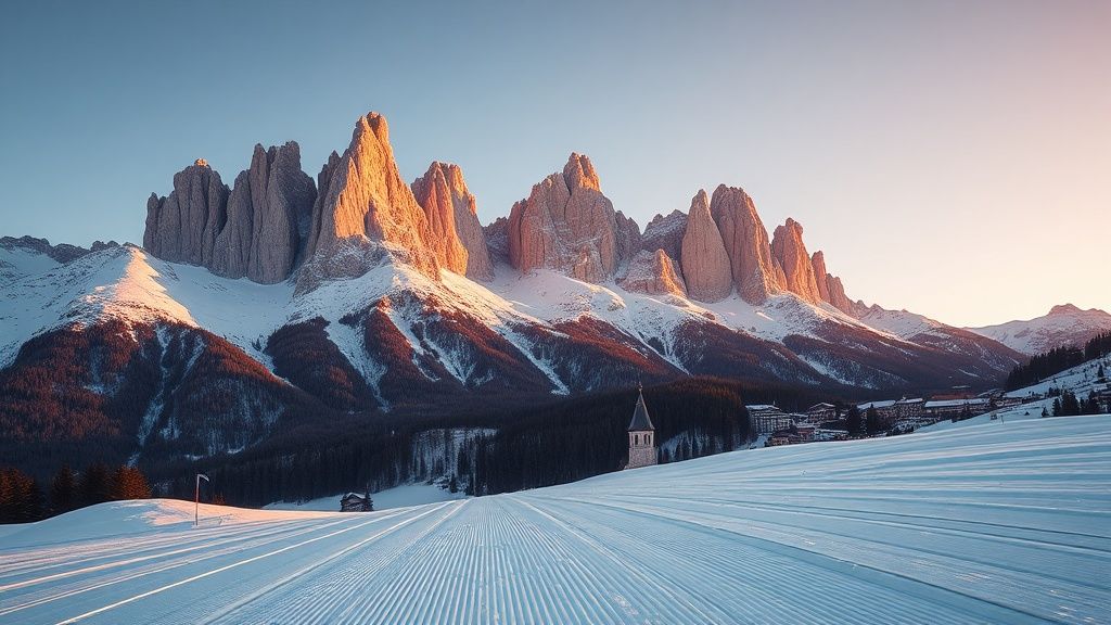 Snow-covered Dolomite peaks at sunrise with groomed ski pistes winding through a forested valley
