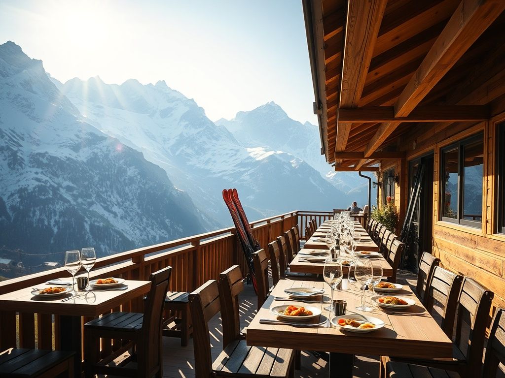 Traditional Dolomite rifugio terrace with wine glasses and pasta dishes overlooking pale mountain peaks