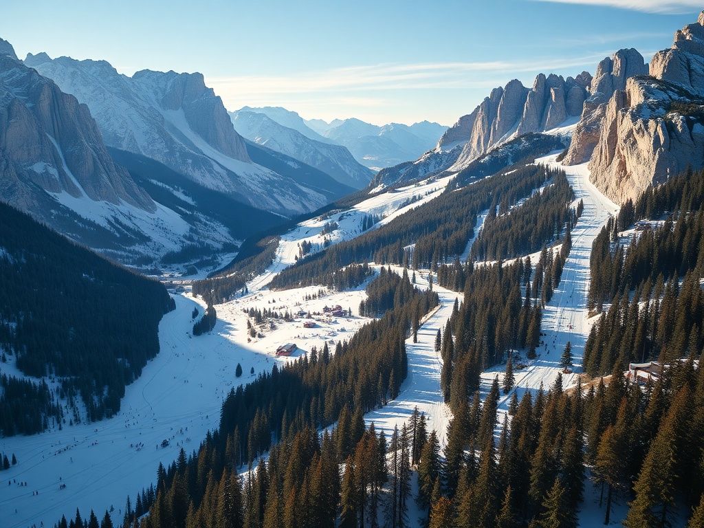 Aerial view of the Sella Ronda ski circuit with pistes connecting valleys between dramatic Dolomite rock formations