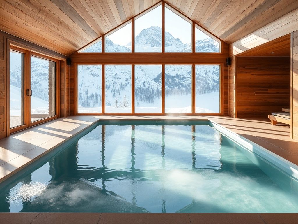 Indoor wellness pool with floor-to-ceiling windows overlooking snow-covered Dolomite peaks and warm wood paneling