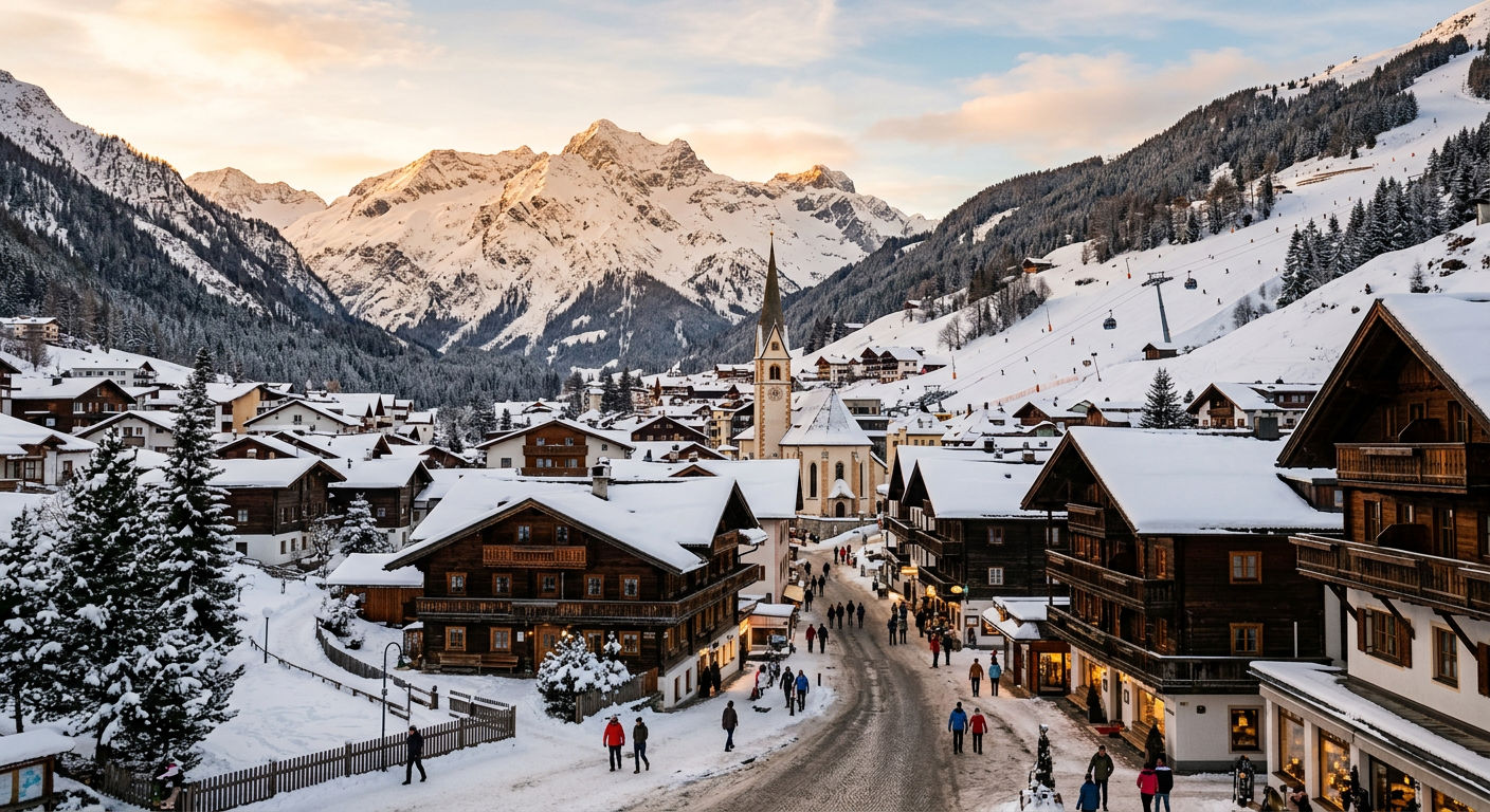 Traditional Tyrolean village of St. Anton am Arlberg with snow-covered peaks and ski slopes in the background