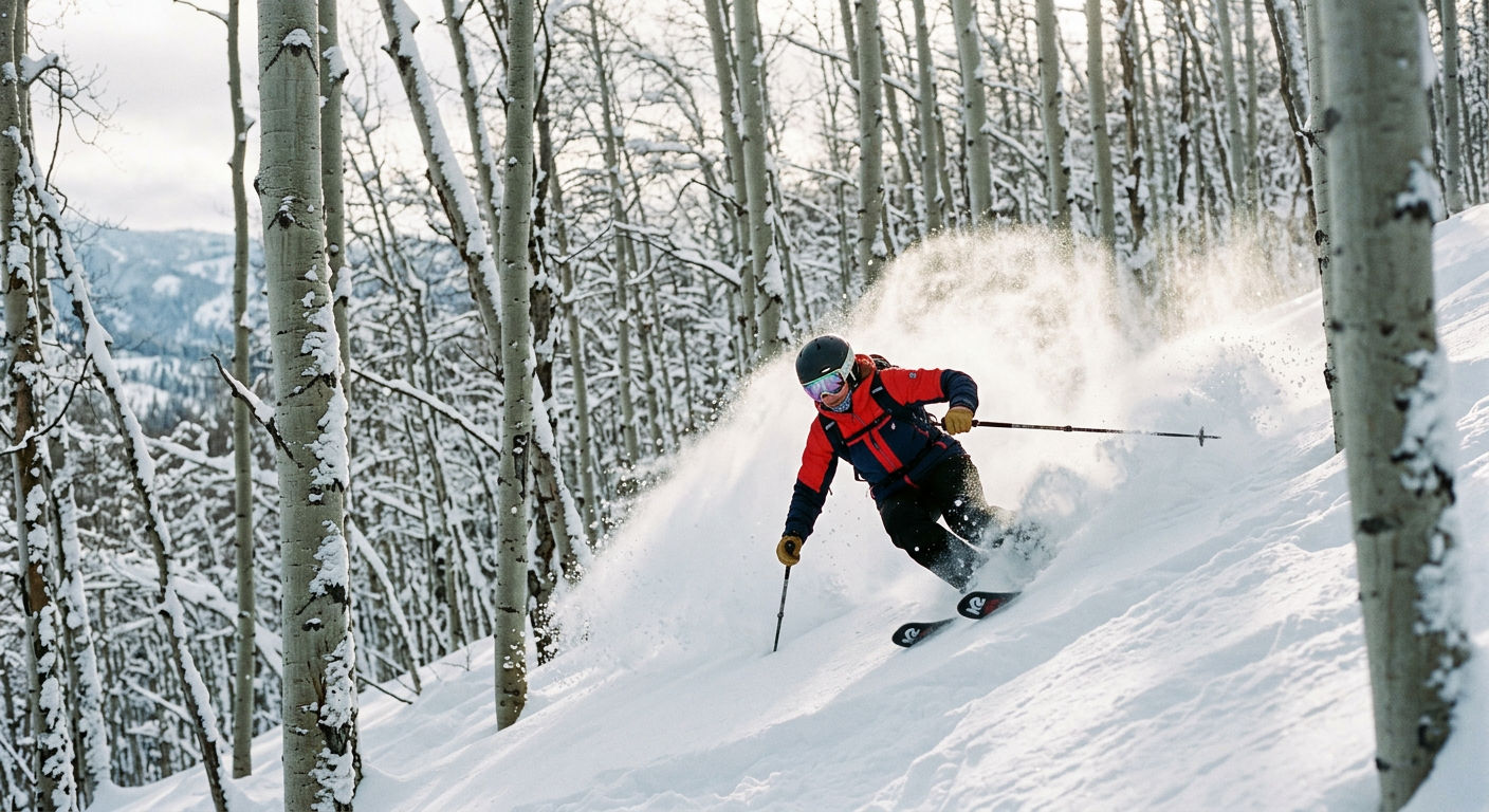 Skier carving through deep Champagne Powder snow in Steamboat's aspen tree glades