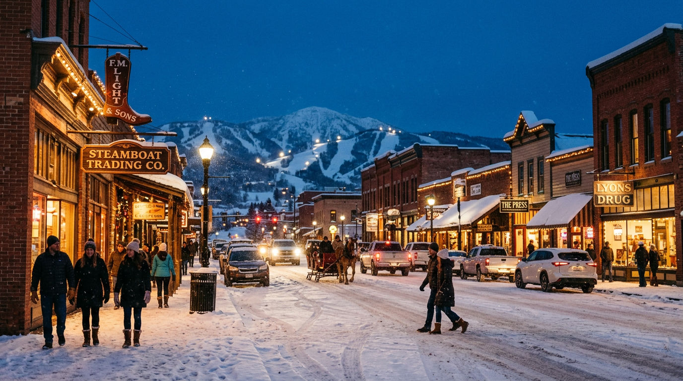 Historic downtown Steamboat Springs Lincoln Avenue in winter with Western storefronts and warm lighting