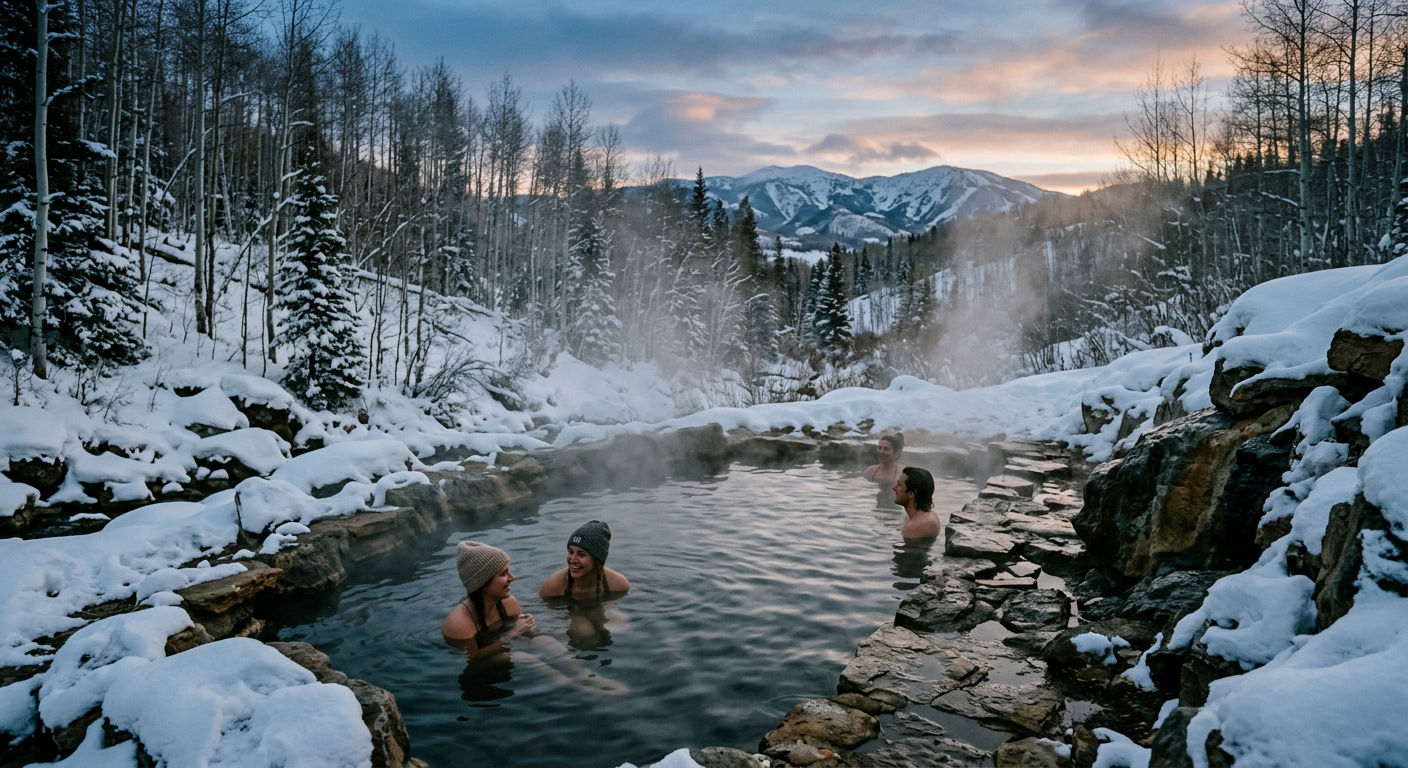 Natural hot springs pool steaming in winter, surrounded by snow-covered rocks near Steamboat Springs