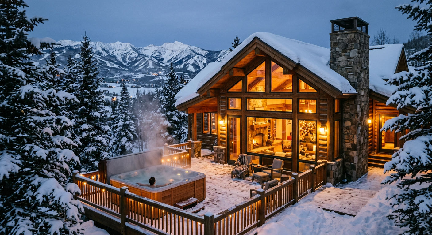 Luxury mountain chalet in Steamboat Springs with warm interior glow and private hot tub on the deck