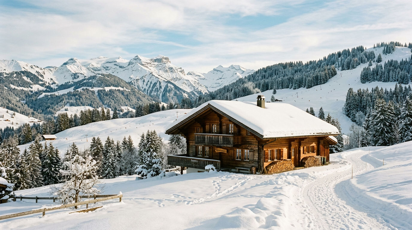 Traditional Bernese Oberland chalet in Gstaad with gentle ski slopes and Glacier 3000 peaks in the background