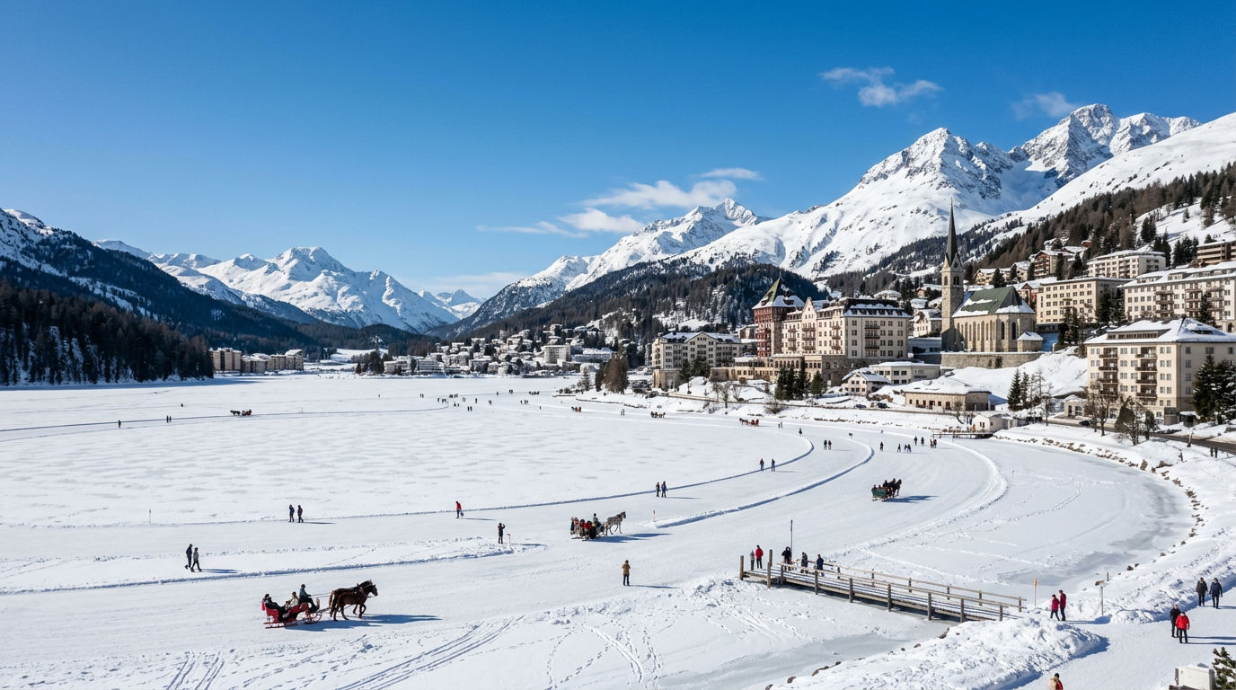 St Moritz and the Engadin valley in winter with frozen lake and snow-covered mountains beyond