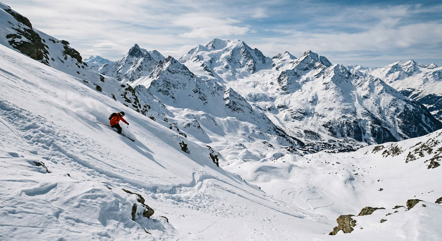 Verbier's steep freeride terrain with deep powder snow and Mont Fort glacier in the background