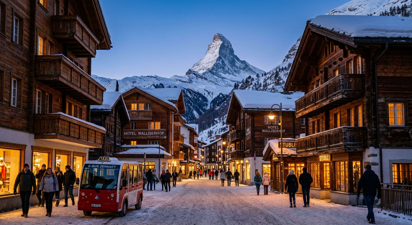 Zermatt's car-free village at dusk with the Matterhorn rising behind traditional wooden chalets