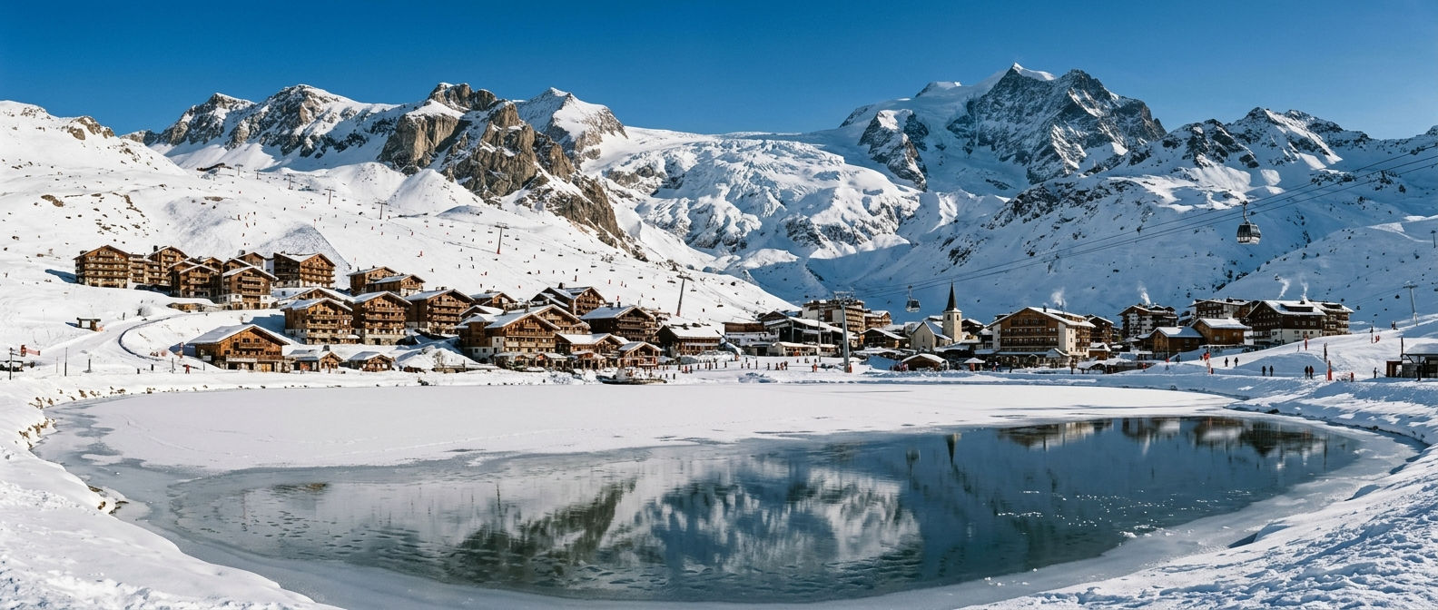 The Grande Motte glacier rising above Tignes Le Lac on a clear winter morning