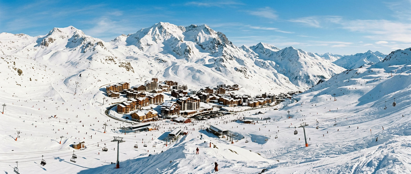Panoramic view of Val Thorens ski resort at 2,300m altitude with snow-covered peaks and ski terrain stretching across high-altitude bowls