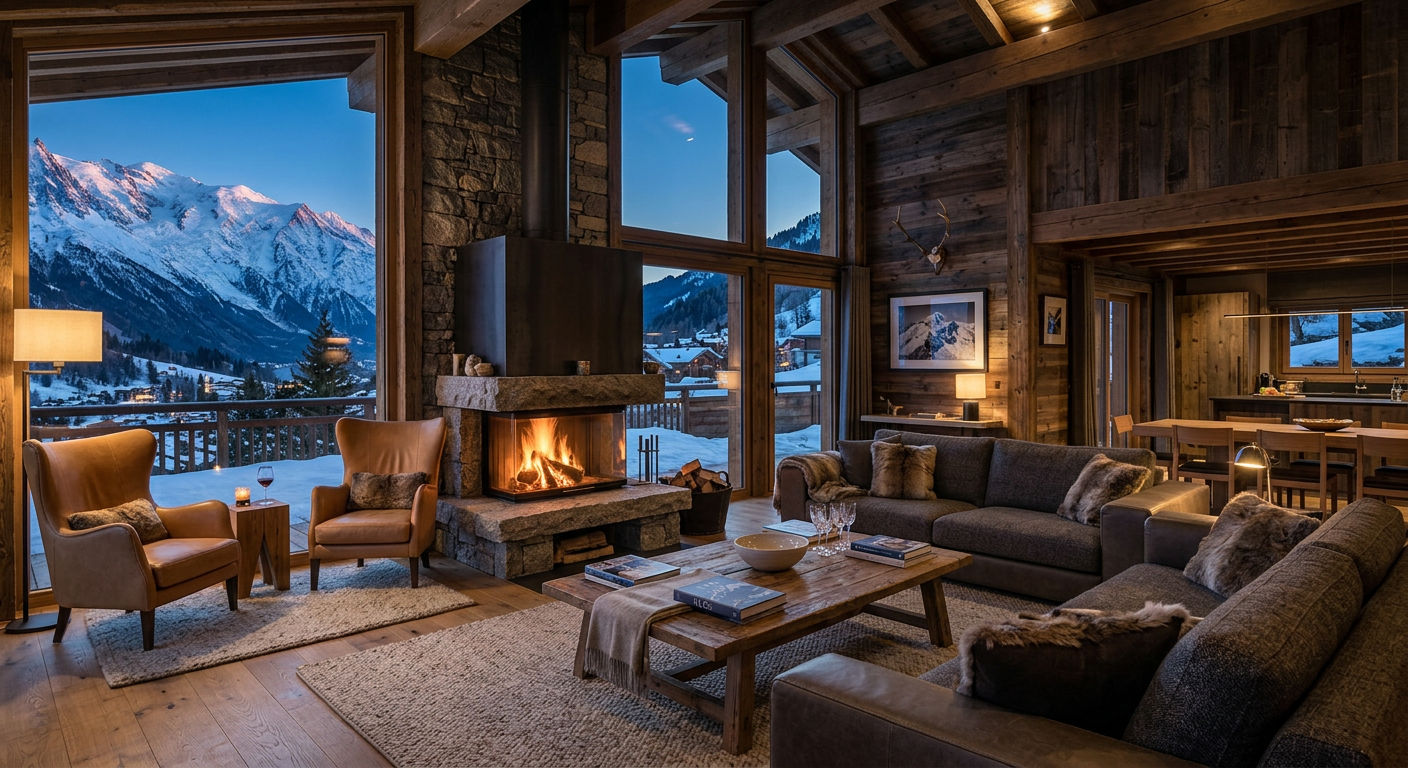 Contemporary alpine chalet interior with large windows overlooking mountains, warm wood finishes, and fireplace