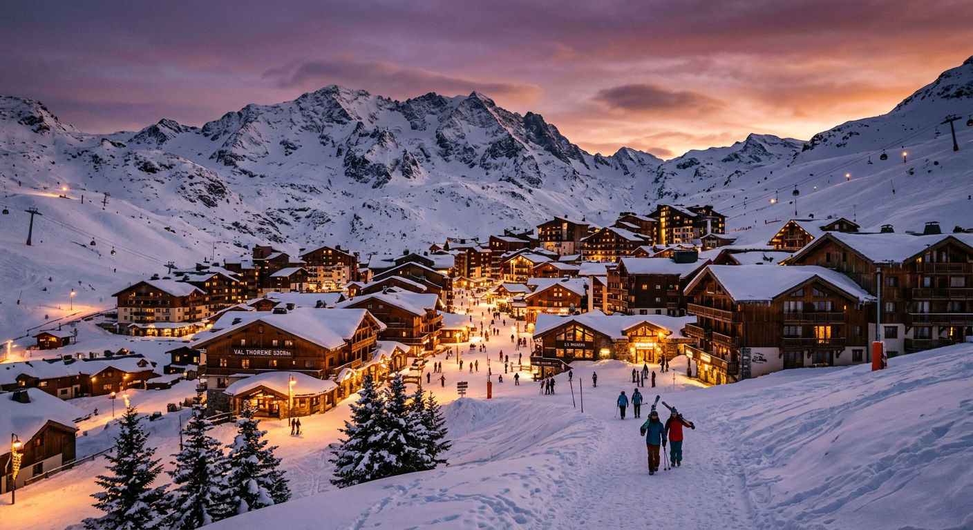 Val Thorens alpine village at dusk with snow-covered buildings, warm interior lighting, and French Alps mountain backdrop