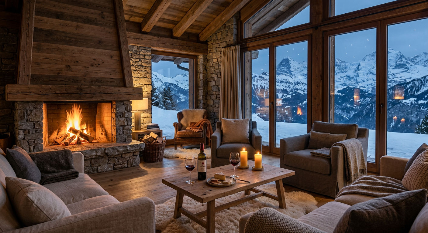 Luxury chalet living room with stone fireplace, deep sofas, and mountain views through floor-to-ceiling windows