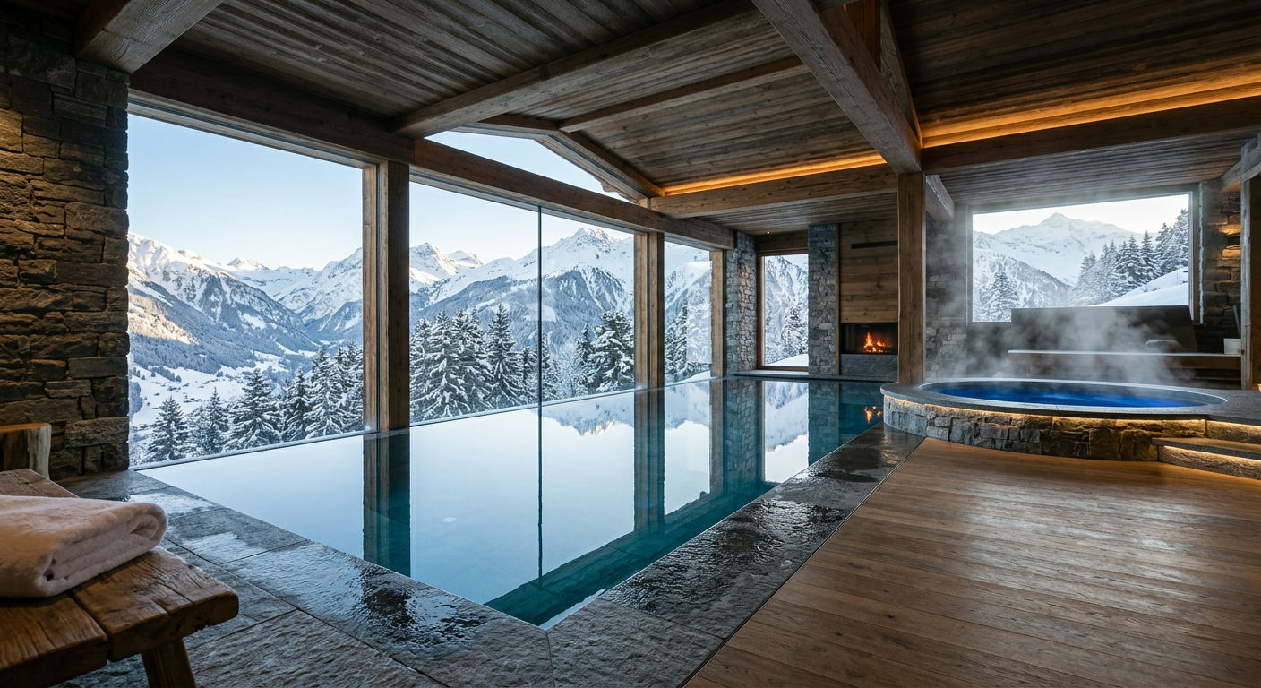 Indoor infinity pool inside a luxury Swiss Alps chalet with floor-to-ceiling windows overlooking snowy peaks