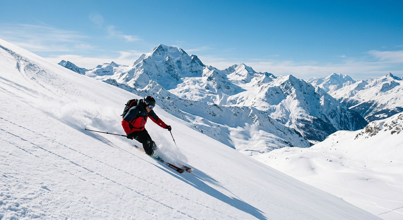 A skier carving fresh tracks through powder on an empty off-piste slope in Verbier with the 4 Vallees range behind