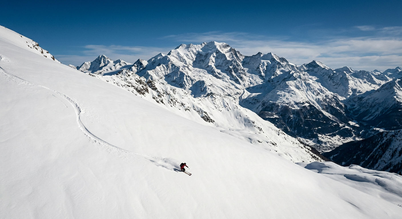 A skier descending a wide powder field above Verbier with the Grand Combin massif in the background