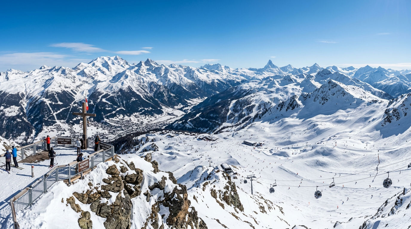 Panoramic view of the 4 Vallées ski area from Mont Fort summit showing linked valleys and peaks on a clear winter day