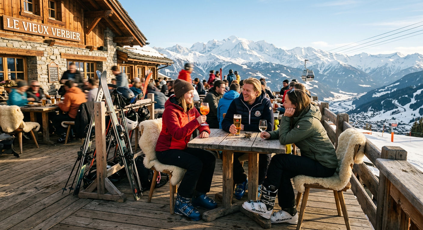 Sun-drenched terrace of a mountain restaurant in Verbier with skiers relaxing over drinks and panoramic alpine views
