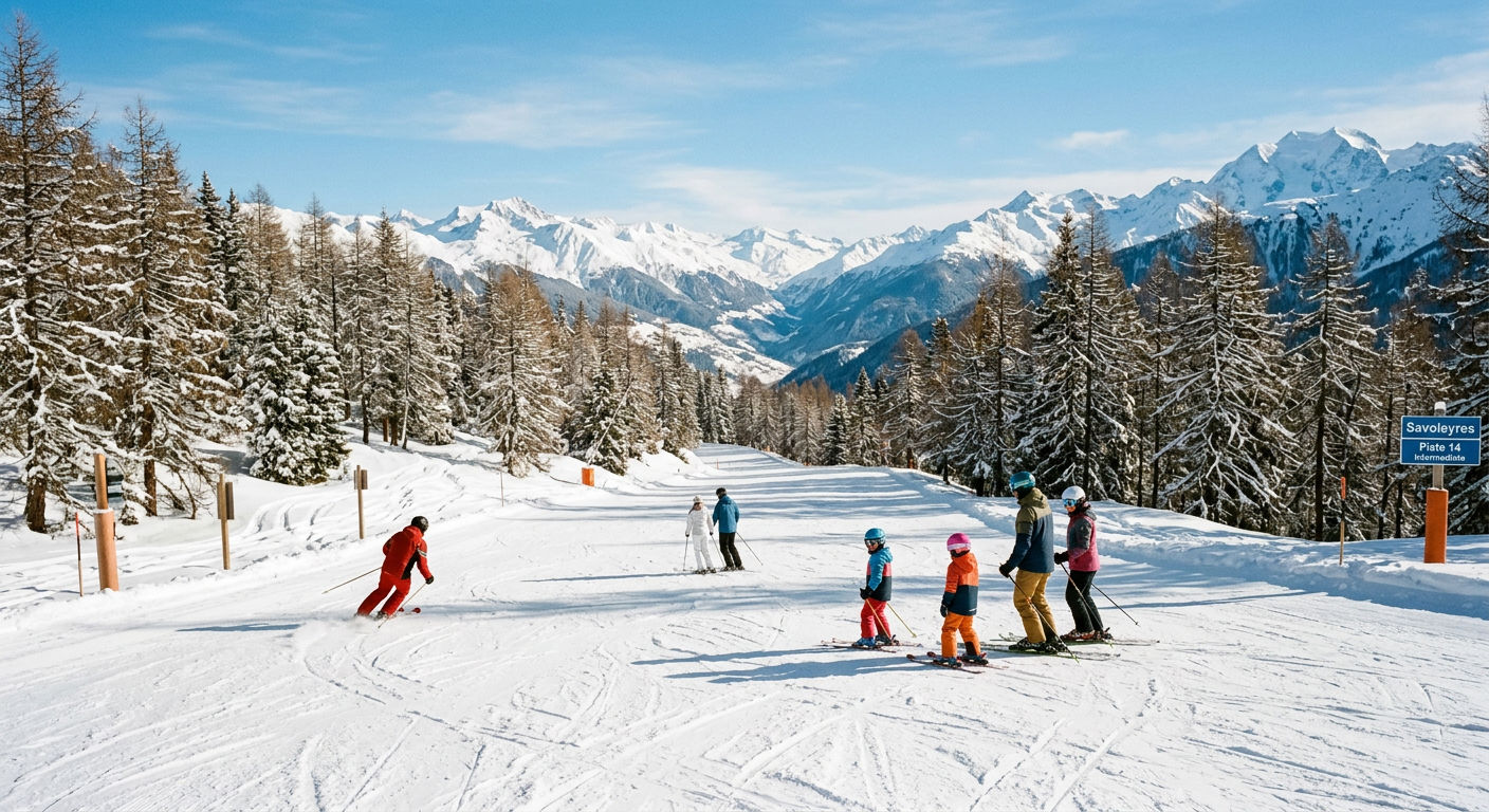 Wide sunny intermediate piste through larch forest on the Savoleyres side of Verbier with skiers carving gentle turns