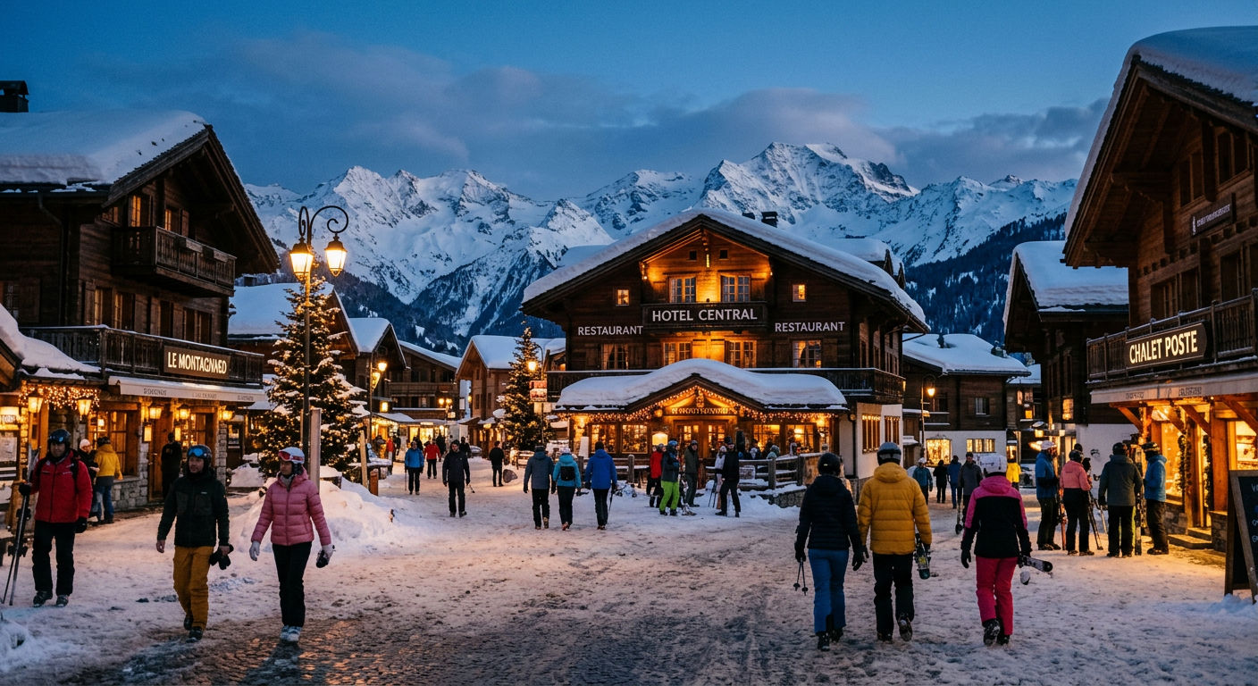 Verbier village centre in winter with traditional Swiss chalets, warm evening lights, and mountains in the background