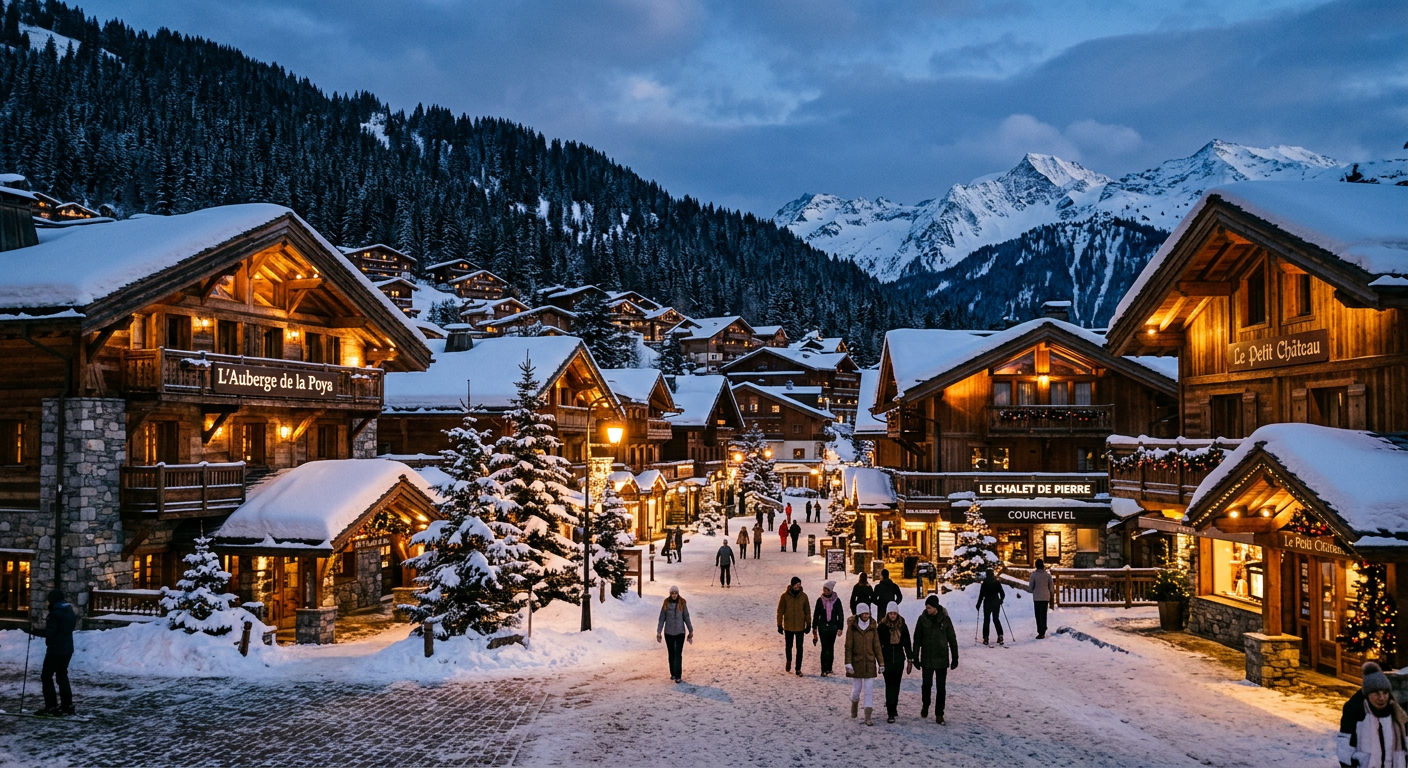 Snow-covered Courchevel 1850 village at dusk with warm chalet lights and forested mountainside