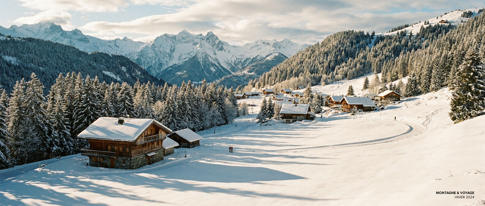 The Méribel valley in winter with traditional timber chalets set among snow-covered pines and the Three Valleys mountains beyond