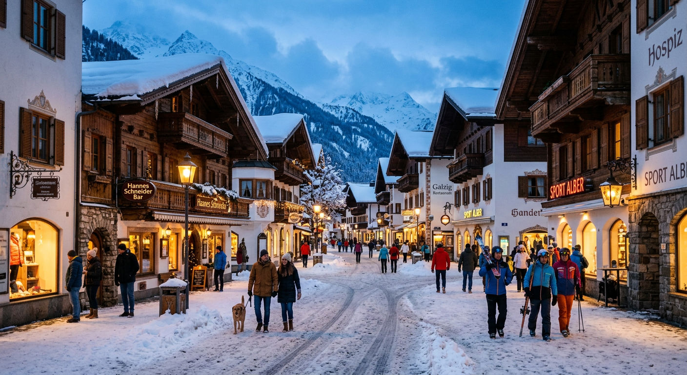 St. Anton village centre pedestrian zone in winter with traditional Tyrolean timber-fronted shops and warm cafe lighting