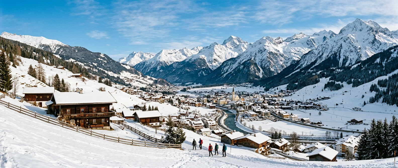 Panoramic view from Oberdorf looking down over the St. Anton valley with traditional wooden chalets on a snowy hillside