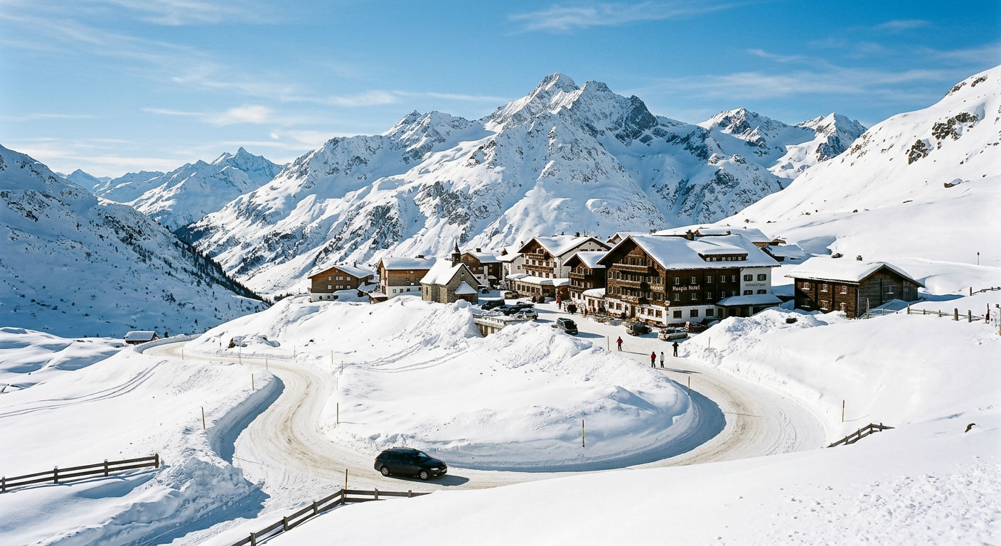 Small Alpine hamlet of St. Christoph at high altitude on the Arlberg Pass surrounded by deep snow and dramatic mountain peaks