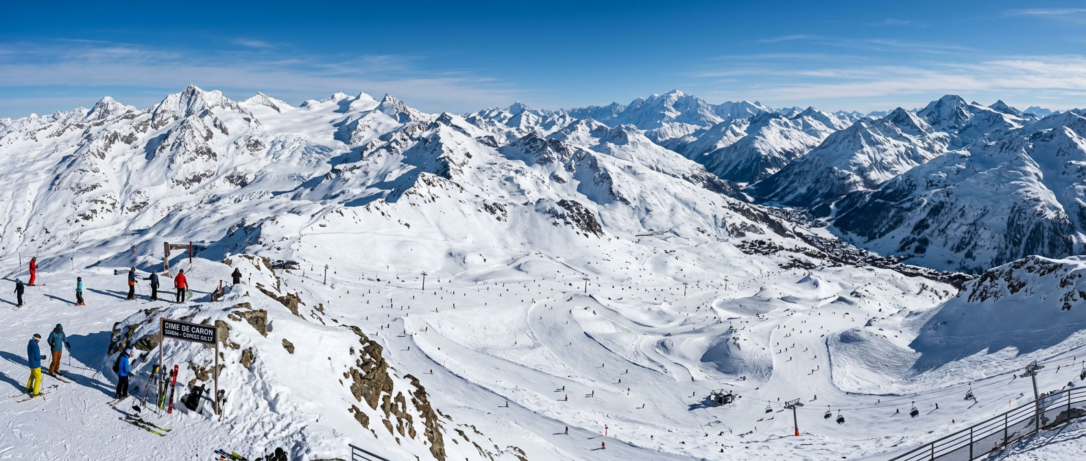 Wide panoramic view of the Espace Killy ski area with groomed pistes winding through snow-covered terrain and glacier in distance
