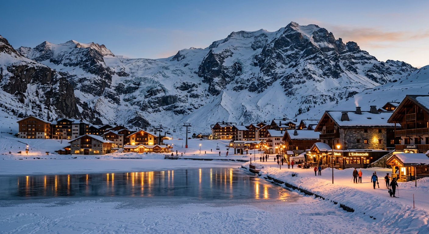 Tignes Le Lac village at dusk with the Grande Motte glacier illuminated behind snow-covered chalets