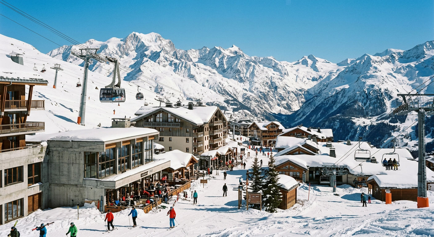 Purpose-built ski village at high altitude with modern buildings against snowy mountain backdrop and ski lifts visible