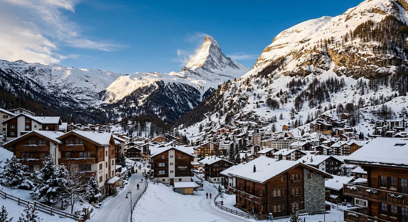 The Matterhorn rising above the car-free village of Zermatt with ski pistes descending through snow-covered alpine terrain