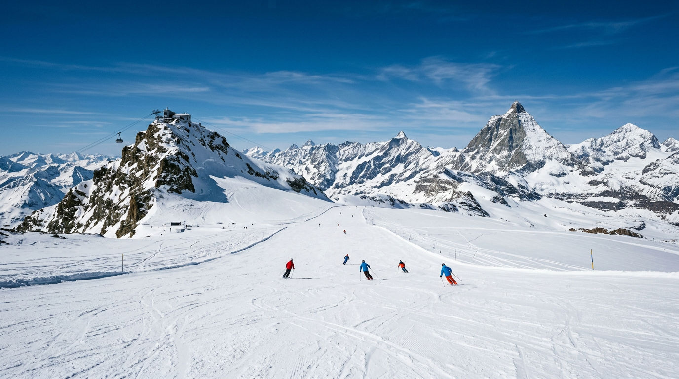 High-altitude glacier skiing on the Klein Matterhorn with pristine white terrain stretching towards the Italian border
