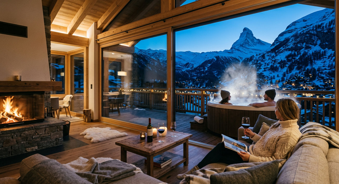 A luxury Zermatt chalet terrace with a private hot tub overlooking alpine peaks at blue hour