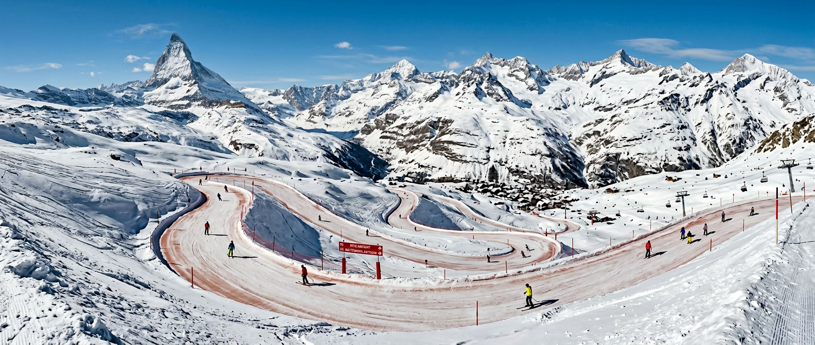 Panoramic view of Zermatt's ski area with groomed pistes winding through the Swiss Alps beneath a clear winter sky