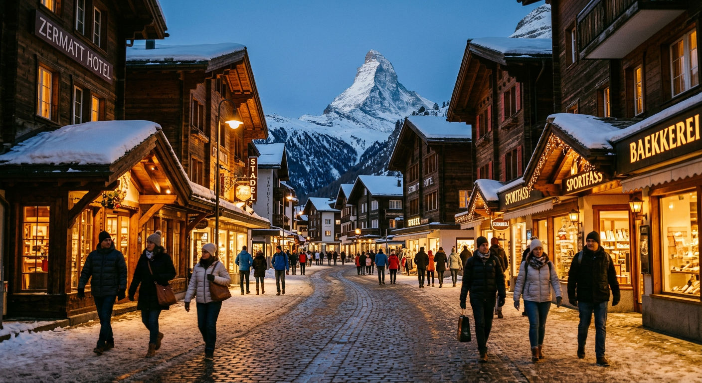 The car-free Bahnhofstrasse in Zermatt at dusk with warm light from chalet windows and the Matterhorn visible beyond the village rooftops