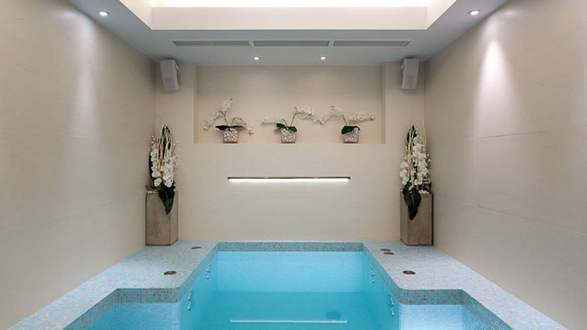 Indoor plunge pool with integrated surround sound and skylight