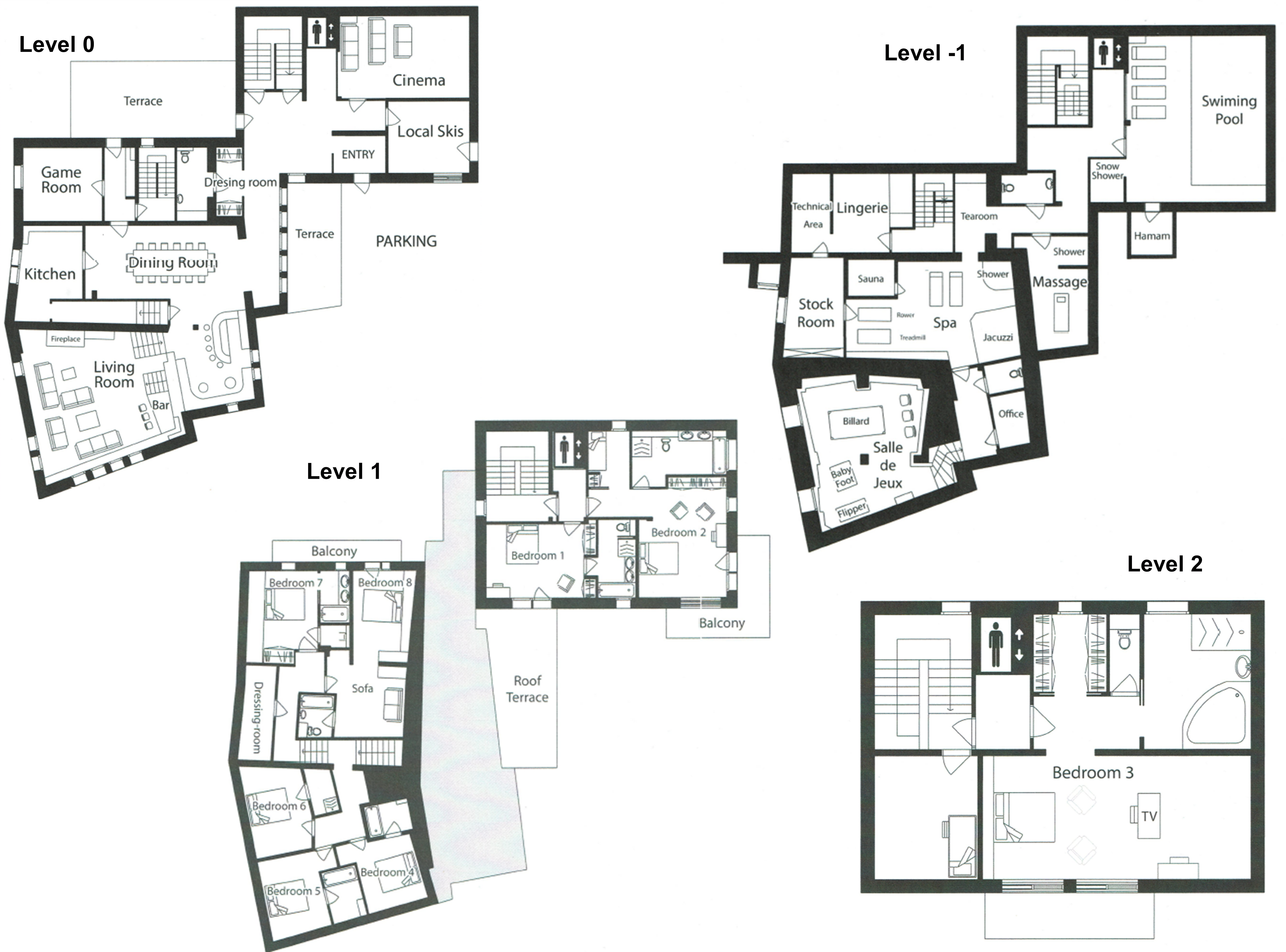 Floor plans for four levels including spa, cinema, game room, and 8 bedrooms