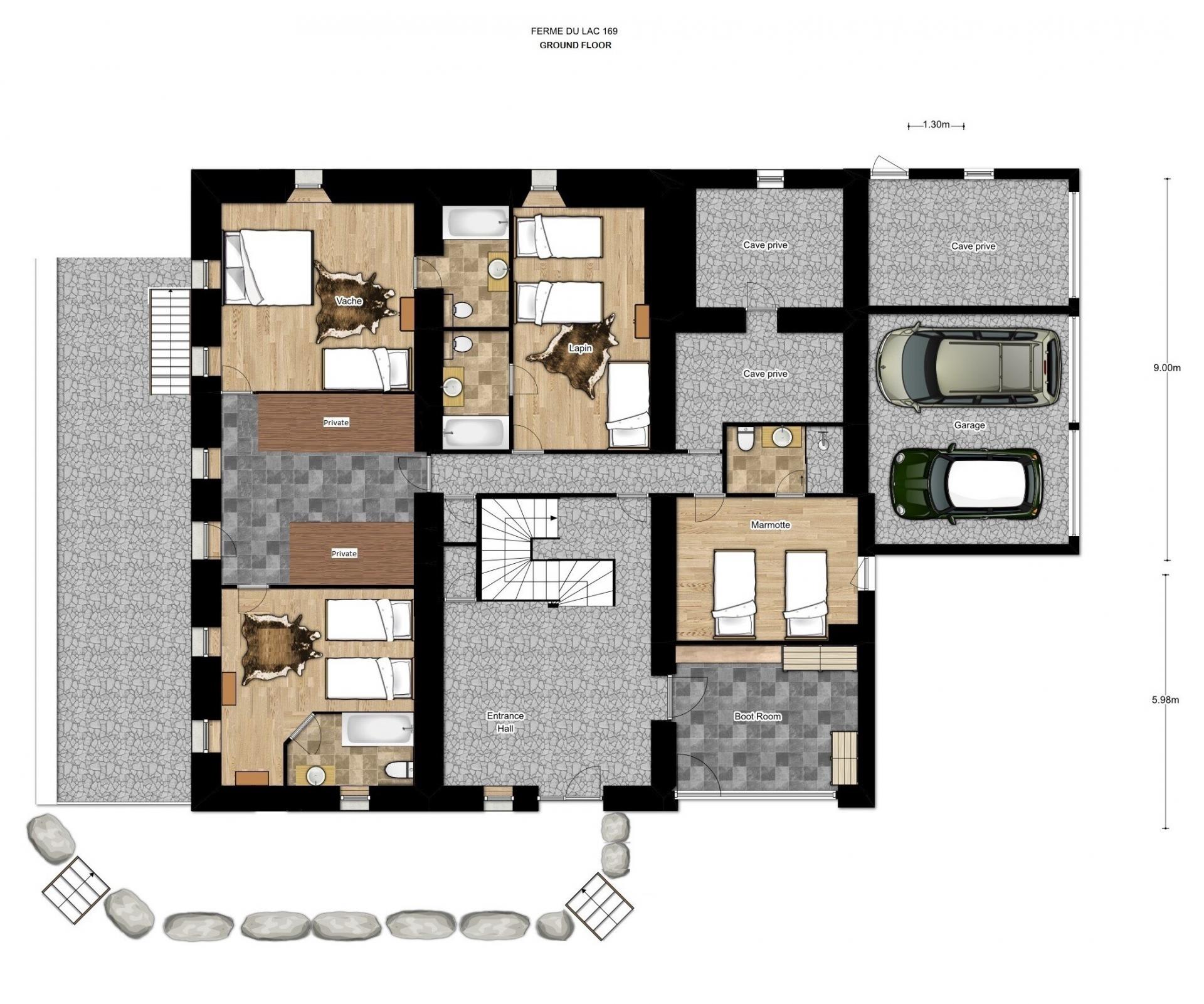 Ground floor plan: three bedrooms with ensuites, double garage, and boot room