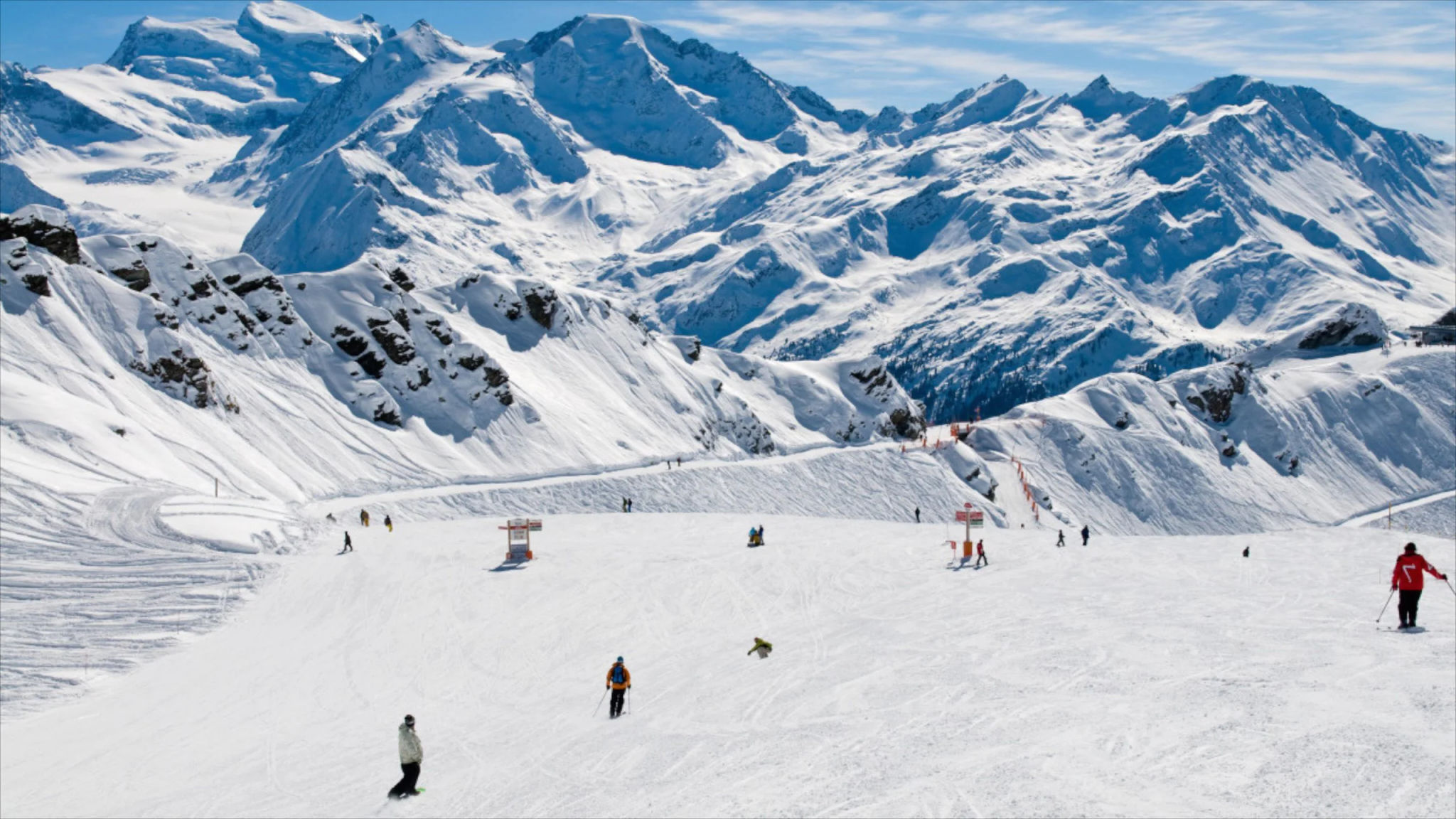 Panoramic view of Verbier and Zermatt ski resorts in the Swiss Alps