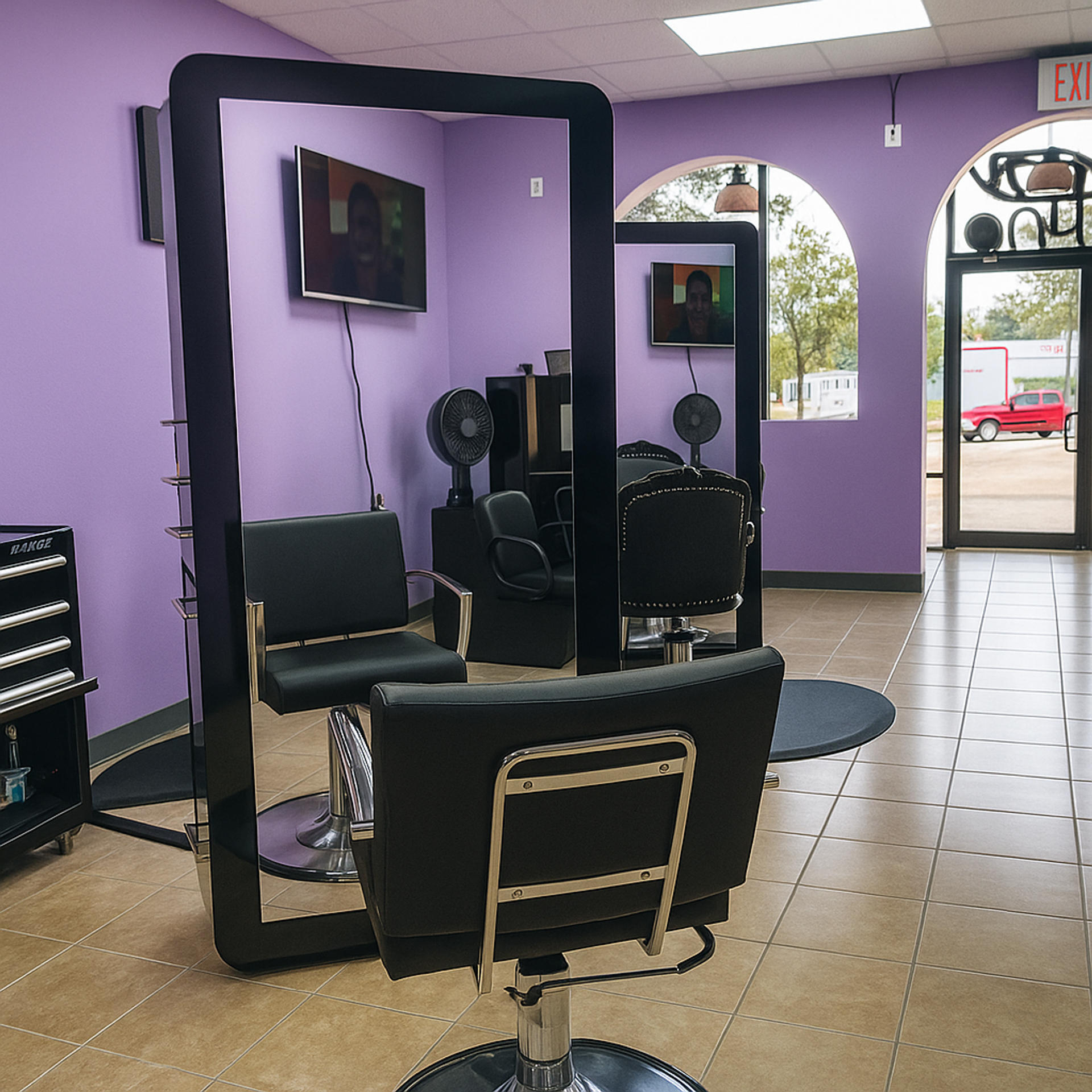 salon,interior design,purple walls,mirrors,hair styling,modern,professional