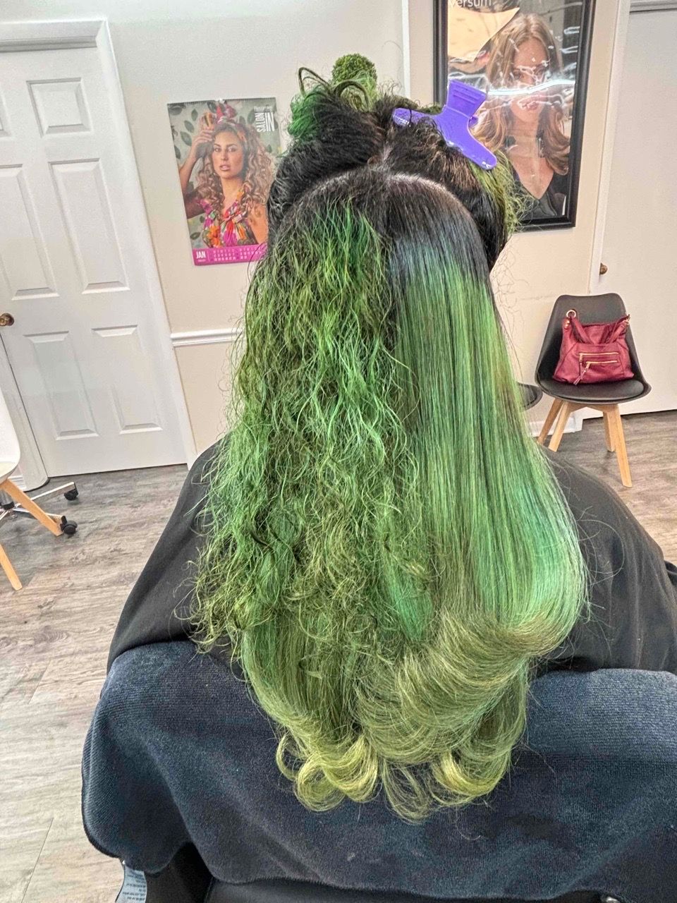  hair styling,green hair,salon interior,hair transformation 